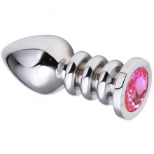 Металлическая анальная пробка на рельефной ножке с нежно-розовым кристаллом, цвет серебристый, Vandersex 301-LLPNK, цвет Розовый, длина 9.5 см.
