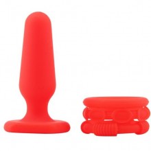 Набор анальная пробка и 3 эрекционных колечка «His enlargement kit», цвет красный, Chisa Novelties CN-494752871, коллекция Hotstorm, длина 7.3 см.