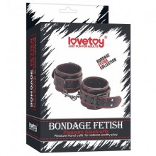 Черные наручники с красной строчкой «Bondage Fetish Pleasure Handcuffs», LoveToy LV1655, из материала Искусственная кожа, длина 30 см.