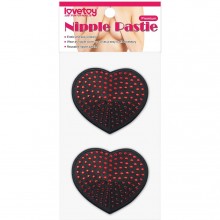 Пестисы на соски в форме сердечек с красными стразами «Nipple Pasties», черные, Lovetoy LV763009, цвет черный