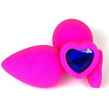 Розовая силиконовая пробка с синим кристаллом-сердцем, длина 8 см.