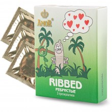 Ребристые презервативы «AMOR Ribbed Яркая линия» 3 шт., AMOR Ribbed Яркая линия №3, длина 18 см.