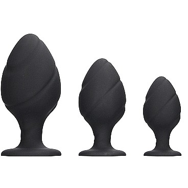 Набор закрученных анальных пробок «Swirled Butt Plug Set», Shots Media OU491BLK, из материала Силикон, цвет Черный, длина 8.5 см.