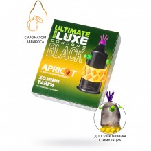 Презерватив стимулирующий с усиками «Black ultimate Хозяин Тайги» с ароматом абрикоса, черный, латекс, Luxe 745/1, длина 18 см.