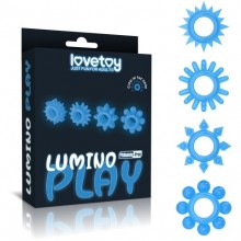 Набор из 4 люминесцентных эрекционных колец «Lumino Play», цвет голубой, тпе, LoveToy LV343011, из материала TPE, диаметр 3.6 см.