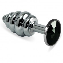 Ребристая анальная втулка «Spiral» с черным кристаллом, цвет серебристый, материал сталь, LoveToy RO-SSR09, длина 6.9 см., со скидкой