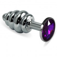 Ребристая анальная втулка «Spiral» с фиолетовым кристаллом, цвет серебристый, материал медицинская сталь, LoveToy RO-SSR08, длина 6.8 см.