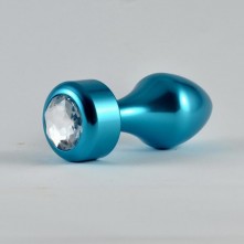 Анальная втулка с прозрачным кристаллом «Color Aluminium», цвет голубой, материал алюминий, LoveToy RO-L002, длина 8.1 см., со скидкой