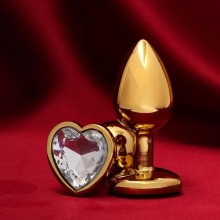 Анальная пробка с прозрачным кристаллом в форме сердца, цвет золотой, материал металл, Сима-Ленд 5215676, длина 7 см., со скидкой