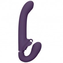 Безремневой страпон с вибрацией «Satu Purple», цвет фиолетовый, Shots Media VIVE033PUR, из материала силикон, длина 23 см.