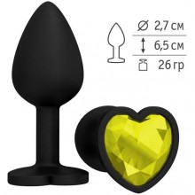 Анальная втулка силиконовая черная с желтым кристаллом сердце, Джага-Джага 508-11 YELLOW-DD, цвет черный, длина 7.3 см.