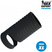 Открытая насадка на пенис с кольцом для мошонки «XL», цвет черный, Sex expert sem-55226, из материала силикон, длина 8.9 см.