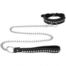 Ошейник с заклепками и поводком «Diamond Studded Collar With Leash», цвет черный, Shots Media OU572BLK, коллекция Ouch!
