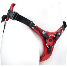 Красно-черный женский пояс с 2 способами крепления насадок и вагинальной пробкой, А-Полимер 9834, бренд LoveToy А-Полимер