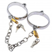 Металлические наручники с замками и цепочкой, цвет серебристый, TFB-1030M, бренд OEM, диаметр 7 см.