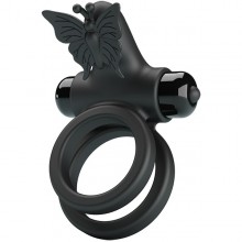 Эрекционное вибро-кольцо «Pretty Love» с клиторальной стимуляцией и подхватом мошонки, черный, силикон, Baile BI-210296, длина 8.6 см., со скидкой
