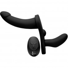 Двухсторонний страпон с вибрацией «Strap U Double Take 10X Double Penetration Vibrating Strap-On Harness», цвет черный, XR Brands XRAF864-Black, из материала Силикон, длина 27.3 см., со скидкой