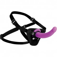 Страпон «Strap U Navigator Silicone G-Spot Dildo With Harness» с изогнутой насадкой на ремнях, цвет фиолетовый, XR Brands XRAF216, из материала Силикон, длина 17.8 см., со скидкой