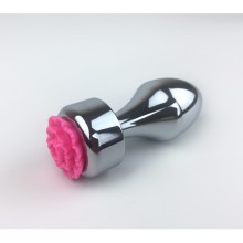 Маленькая анальная втулка с украшением в виде ярко-розового цветка, металл, TAP-0058FK, длина 8.3 см.