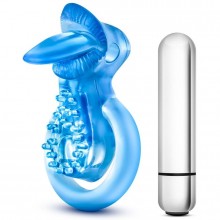 Эрекционное виброкольцо «10 Function Vibrating Tongue Ring», Blush Novelties BL-66092, из материала TPE, цвет Голубой, длина 10 см., со скидкой