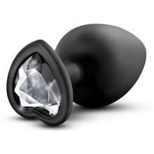 Анальная пробка «Bling Plug Large» с прозрачным стразом-сердечком, цвет черный, Blush Novelties BL-95855, длина 9.5 см., со скидкой