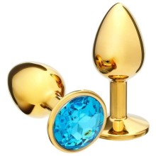 Золотистая анальная пробка с голубым кристаллом, Оки-Чпоки 5215665, бренд Сима-Ленд, цвет Золотой, длина 7 см.