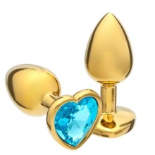 Золотистая анальная пробка с голубым кристаллом в форме сердца, Оки-Чпоки 5215680, из материала Алюминий, цвет Голубой, длина 7 см.
