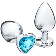 Серебристая коническая анальная пробка с голубым кристаллом-сердечком, Оки-Чпоки 7577467, бренд Сима-Ленд, длина 9 см.