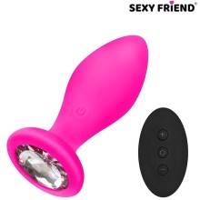 Втулка с вибрацией «Love play» с пультом ДУ и прозрачным кристаллом, цвет розовый, sf-70390-01, бренд Sexy Friend, из материала Силикон, длина 8.5 см.