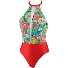 Слитный купальник-халтер из коллекции Garden of Delights с оригинальной спинкой, оформлен цветочным принтом и вставкой из сетки, M, голубой, Uniconf, Uniconf_CBI228 V2