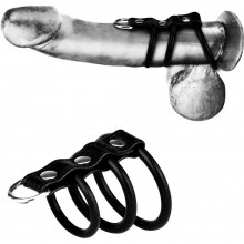 Три силиконовых кольца на пенис с ремешком и креплением, цвет черный, BlueLine BLM3061, со скидкой