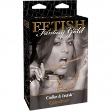 PipeDream «Collar & Leash» ошейник из перфорированной кожи с поводком-цепочкой, из материала Искусственная кожа, коллекция Fetish Fantasy Gold, цвет Черный, длина 50 см.