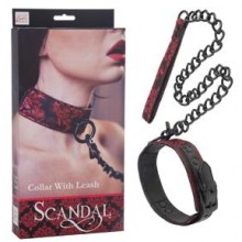 California Exotic «Scandal Collar with Leash» ошейник с цепью атласный черно-красный, бренд CalExotics, длина 78 см., со скидкой
