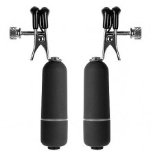 Клипсы на соски с стимулирующими вибропулями Ouch «Vibrating Nipple Clamps», цвет черный, Shots Media SH-OU039BLK, из материала Металл, длина 3.5 см.