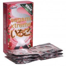 Японские презервативы Sagami «Xtreme Strawberry» со вкусом клубники, латекс 0.04 мм, 10 штук, длина 19 см.