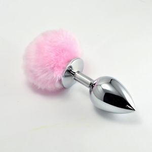Анальная пробка c хвостом «Розовый Задорный Кролик», из металла, Luxurious Tail 47151, цвет серебристый, длина 6 см.