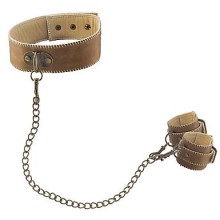 Ошейник с наручниками Ouch «Premium Bonded Leather Collar with Hands Cuffs», цвет коричневый, SH-OU169BRN, из материала Кожа, коллекция Ouch!, со скидкой