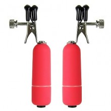 Клипсы на соски с стимулирующими вибропулями Ouch «Vibrating Nipple Clamps», Shots Media SH-OU039RED, из материала Металл, цвет Красный, длина 9 см.