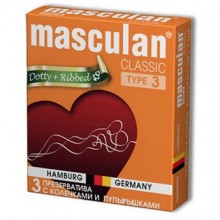 Masculan «Classic Dotty Ribbed Type 3» презервативы с колечками и пупырышками 3 шт., цвет Оранжевый, длина 19 см.