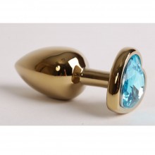 Анальная пробка золото с сердечком из голубого страза, 47194-MM, бренд Luxurious Tail, из материала Металл, длина 7.5 см., со скидкой