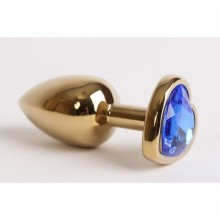 Металлическая анальная пробка с сердечком из синего страза, цвет золотой, Luxurious Tail 47190-1-MM, коллекция Anal Jewelry Plug, длина 8 см., со скидкой