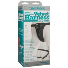 Трусики и два плага Харнесс «Vac-U-Lock - Double Penetration Velvet Harness with 2 Plug», цвет черный, 1090-19 BX DJ, бренд Doc Johnson, из материала Нейлон, длина 8 см.