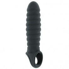 Ребристая тянущаяся насадка для увеличения члена «Stretchy Penis Extension» с кольцом, SONO №32, SH-SON032GRY, цвет Серый, длина 15 см.