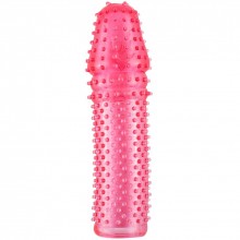 Недорогая розовая насадка с рельефом на пенис, White Label МС01030029Red, длина 14.5 см.