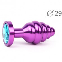 Анальная пробка ребристая «Violet Plug Small» фиолетовая, длина 71 мм, диаметр 29 мм, цвет кристалла голубой, AV-05-S, из материала Металл, цвет Фиолетовый, длина 7.1 см.