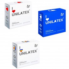 Классические, фруктовые и ультратонкие презервативы Unilatex ассорти, 1 блок: 48 упаковок по 3 штуки, из материала Латекс, 2 м., со скидкой