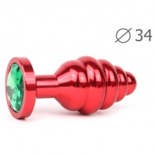 Ребристая втулка анальная «Red Plug Medium» красная, длина 80 мм, диаметр 34 мм, цвет кристалла зеленый, AR-07-M, из материала Металл, цвет Красный, длина 8 см.