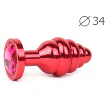 Ребристая анальная втулка «Red Plug Medium», длина 80 мм, диаметр 34 мм, цвет кристалла рубиновый, AR-14-M, из материала Металл, цвет Красный, длина 8 см.