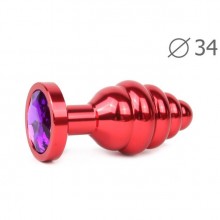 Ребристая анальная пробка «Red Plug Medium», длина 80 мм, диаметр 34 мм, цвет кристалла фиолетовый, AR-04-M, из материала Металл, цвет Красный, длина 8 см.