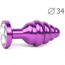 Ребристая втулка анальная «Violet Plug Medium», длина 80 мм, диаметр 34 мм, цвет кристалла бесцветный, AV-01-M, из материала Металл, цвет Фиолетовый, длина 8 см.